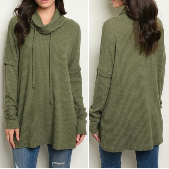 WAFFLE KNIT COWL NECK TUNIC TOP - Picture 5 of 8